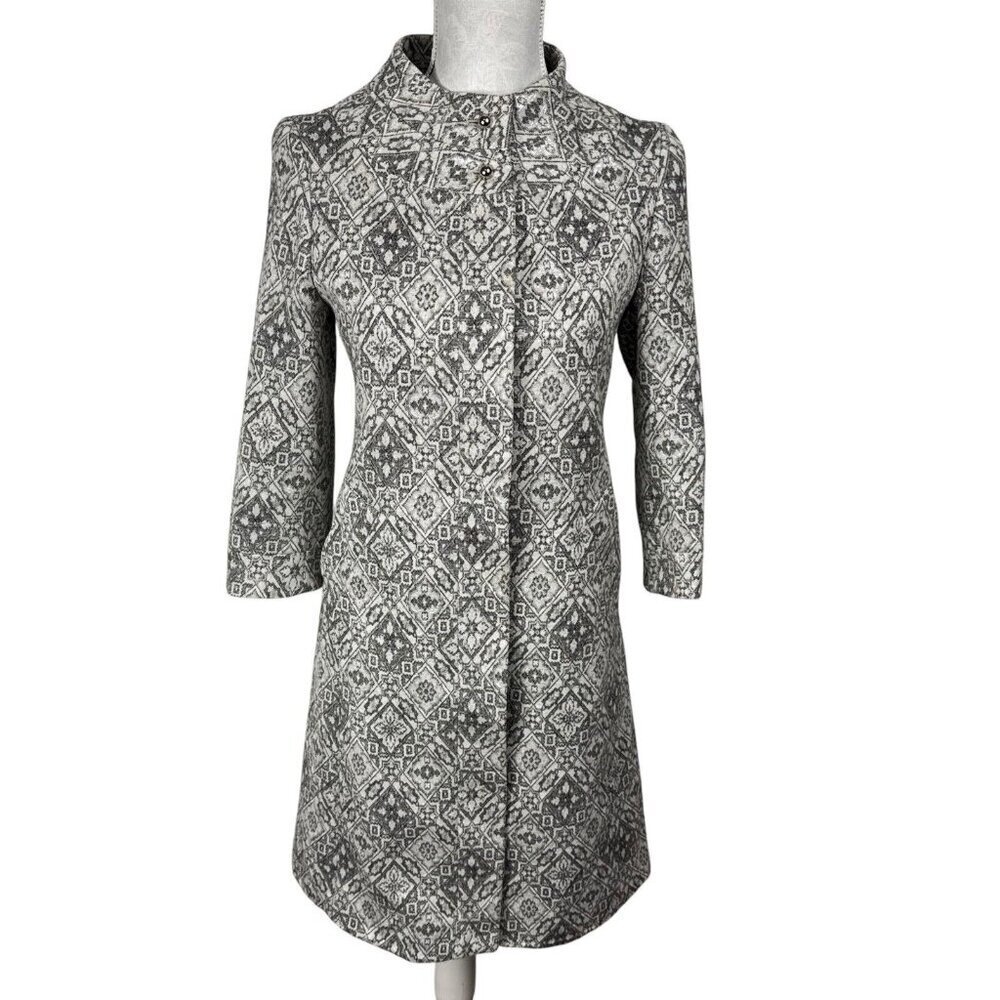 Zara Women's S Longline Brocade 3/4 Sleeve Coat Jacket B&W Silver Wool‎ Blend
